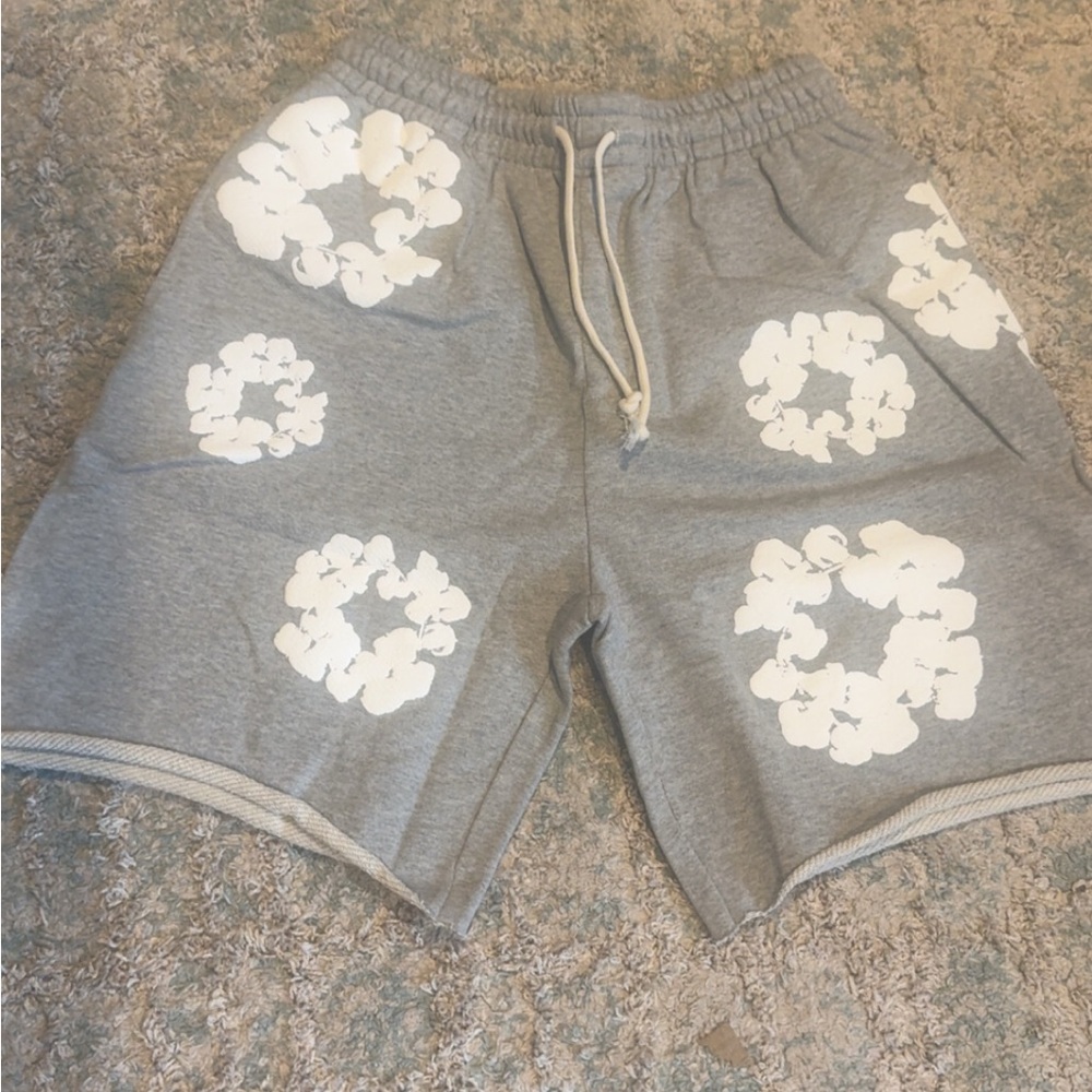 Gray and White Athletic Shorts with Floral Design